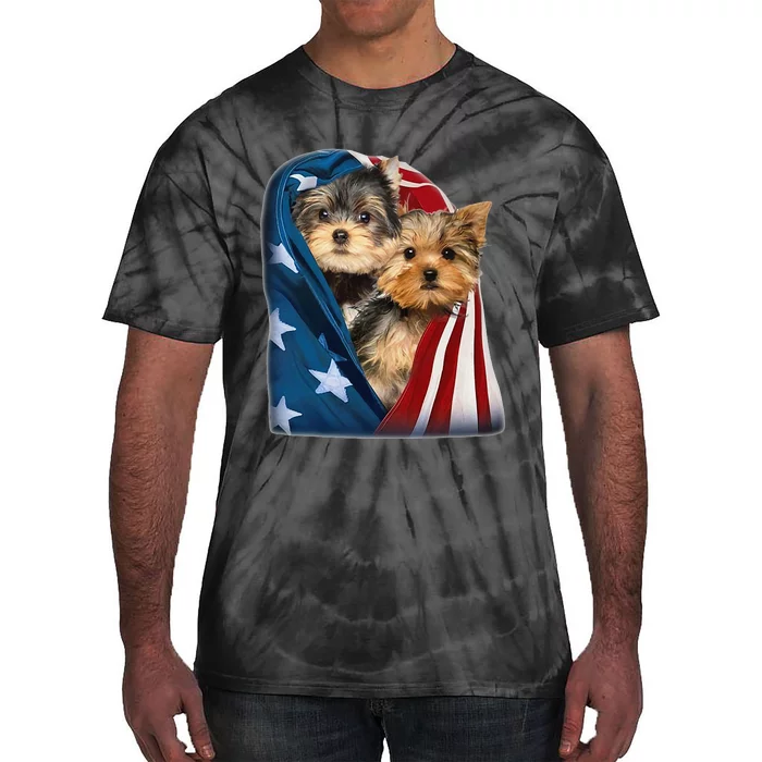 Yorkshire Terrier US Flag July 4th Patriotic Yorkie Puppies Tie-Dye T-Shirt