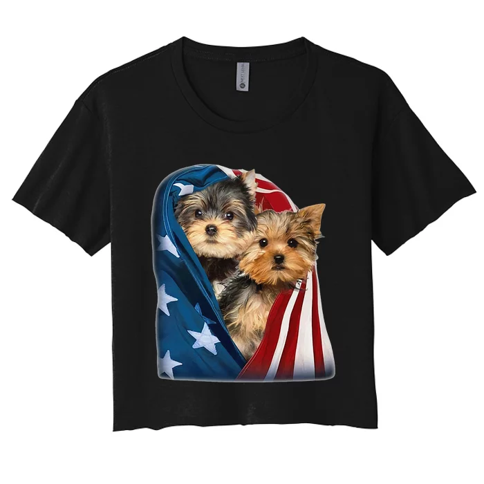 Yorkshire Terrier US Flag July 4th Patriotic Yorkie Puppies Women's Crop Top Tee