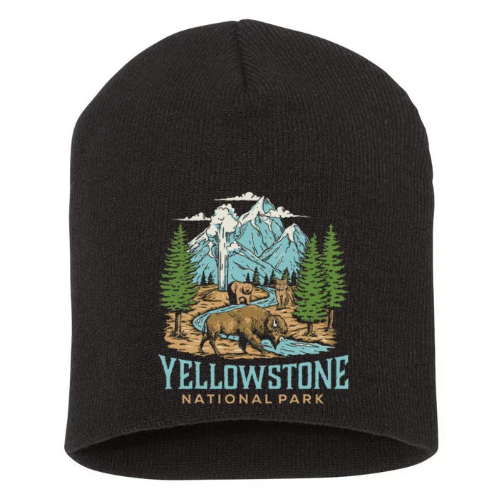 Yellowstone Us National Park Wolf Bison Bear Vintage Gift Short Acrylic Beanie