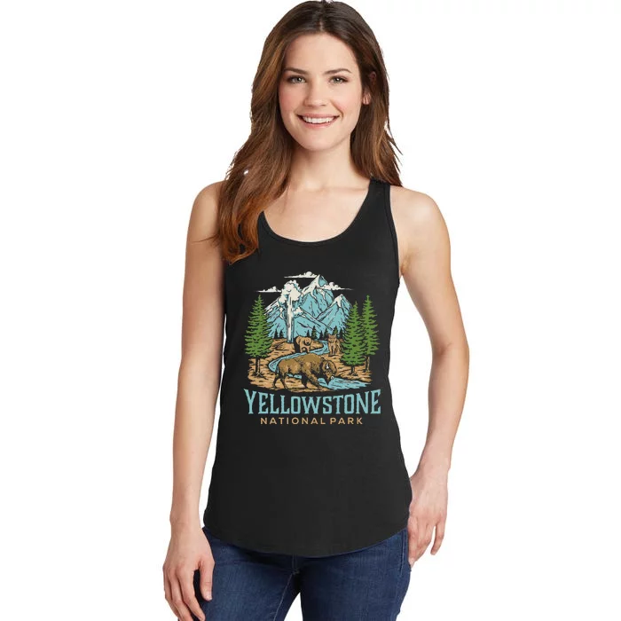 Yellowstone Us National Park Wolf Bison Bear Vintage Ladies Essential Tank