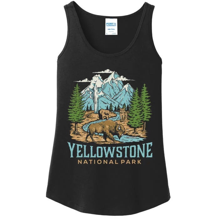 Yellowstone Us National Park Wolf Bison Bear Vintage Ladies Essential Tank