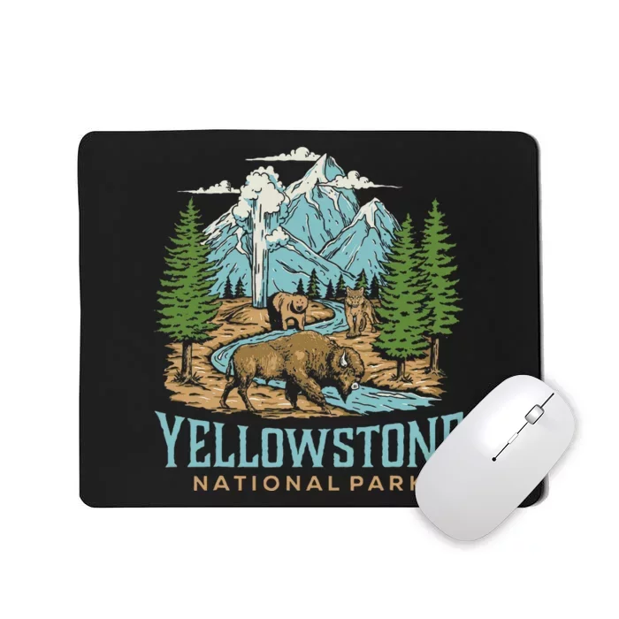 Yellowstone Us National Park Wolf Bison Bear Vintage Mousepad