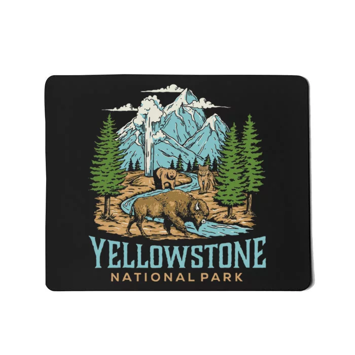 Yellowstone Us National Park Wolf Bison Bear Vintage Mousepad