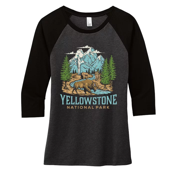 Yellowstone Us National Park Wolf Bison Bear Vintage Women's Tri-Blend 3/4-Sleeve Raglan Shirt