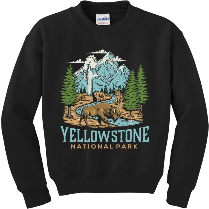 Yellowstone Us National Park Wolf Bison Bear Vintage Kids Sweatshirt