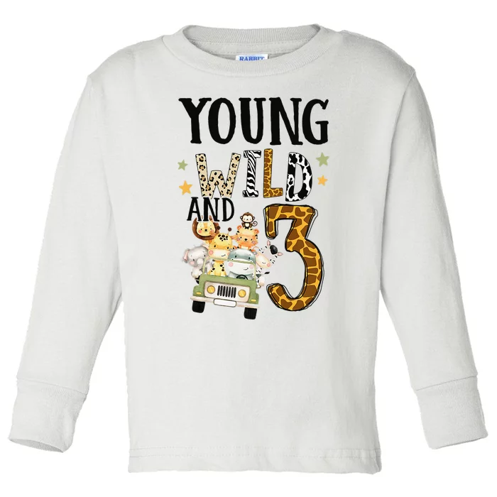 Young Wild & 3 Safari Wild Child 3rd Birthday Third Bday Toddler Long Sleeve Shirt