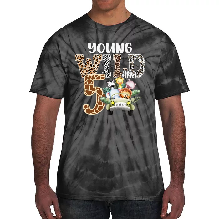 Young Wild And Five 5th Birthday Safari Animal Themed Tie-Dye T-Shirt