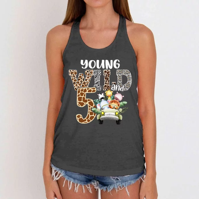 Young Wild And Five 5th Birthday Safari Animal Themed Women's Knotted Racerback Tank