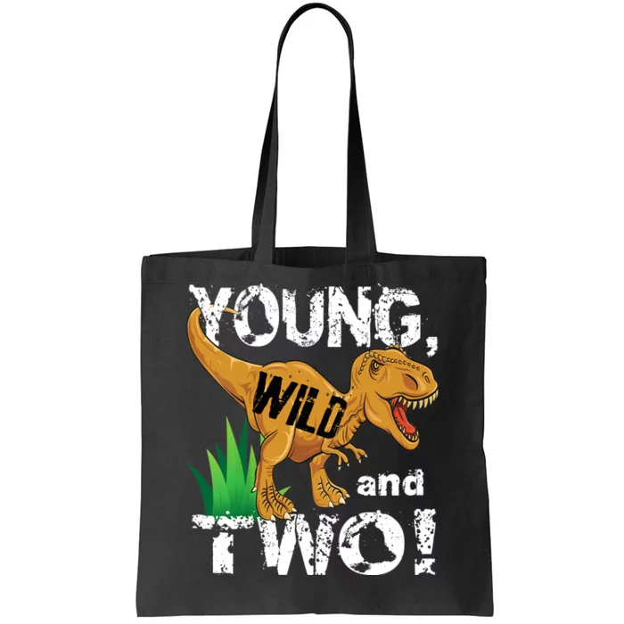 Young, Wild and Two 2 year old dinosaur birthday shirt boy Tote Bag