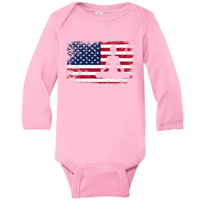 Yoga With American Flag With Lotus Position Padmasana Pulse Baby Long Sleeve Bodysuit