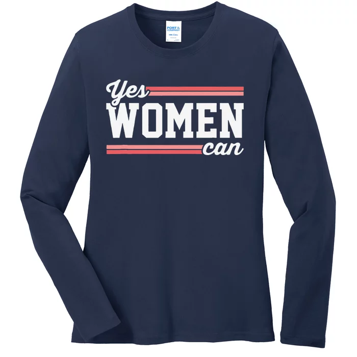 Yes Women Can Vintage Inspirational Positive Saying Stripes Ladies Long Sleeve Shirt