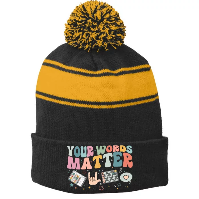 Your Words Matter Speech Therapy Language Pathologist Mental Stripe Pom Pom Beanie