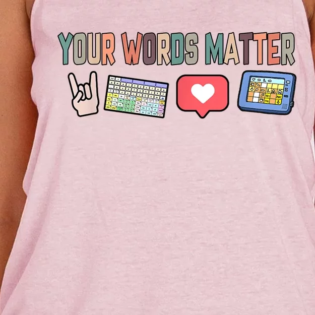 Your Words Matter AAC SPED Teacher Neurodiversity Women's Knotted Racerback Tank