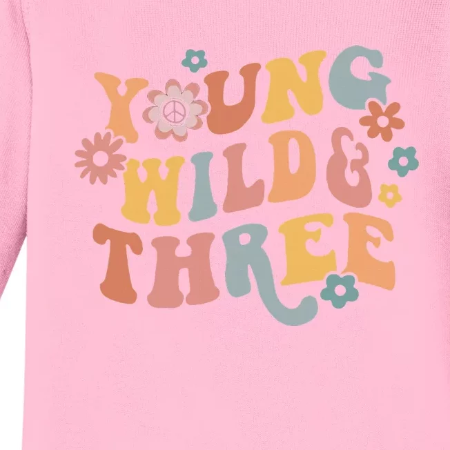 Young Wild & Three Retro Groovy 3rd Birthday Baby Long Sleeve Bodysuit