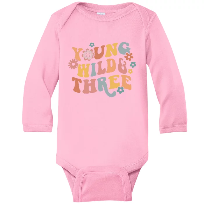 Young Wild & Three Retro Groovy 3rd Birthday Baby Long Sleeve Bodysuit