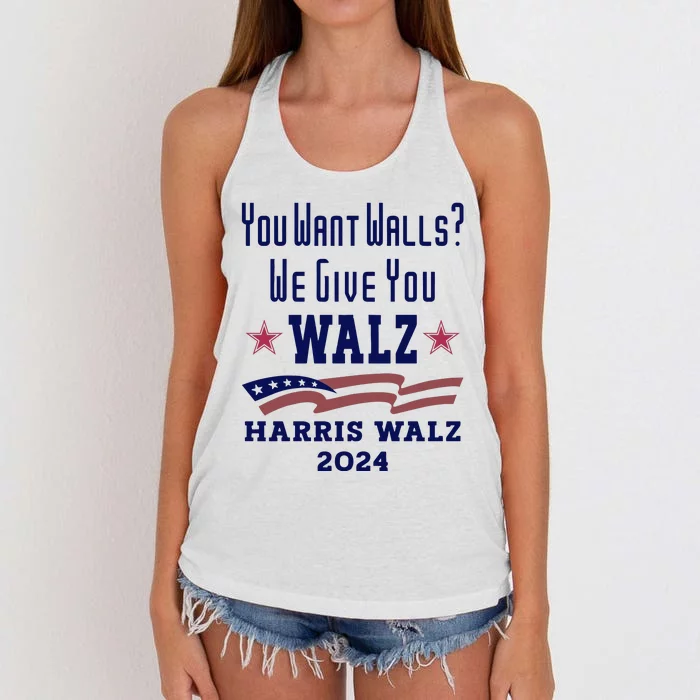 You Want Walls We Give You Walz. Harris Walz 2024 Women's Knotted Racerback Tank