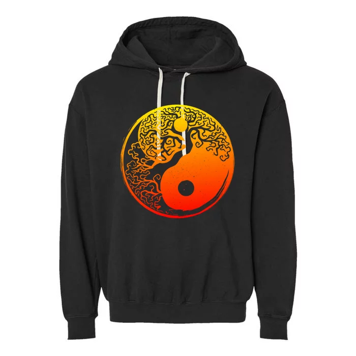 Yin Yang Bonsai Tree Japanese Cute Gift Golden Sun Buddhist Zen Garment-Dyed Fleece Hoodie