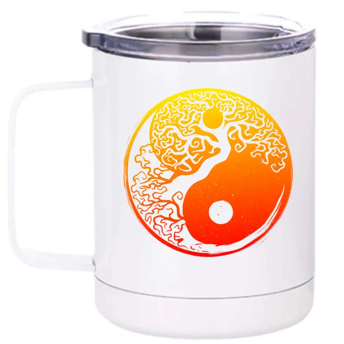 Yin Yang Bonsai Tree Japanese Cute Gift Golden Sun Buddhist Zen Front & Back 12oz Stainless Steel Tumbler Cup