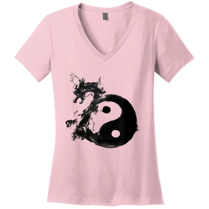 Yin Yang Dragon Water Ink Chinese Tai Chi Women's V-Neck T-Shirt