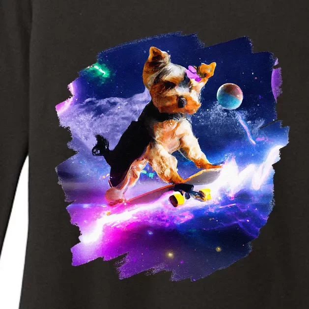 Yorkie Yorkshire Terrier Skateboarding Space Retro Skate Dog Womens CVC Long Sleeve Shirt