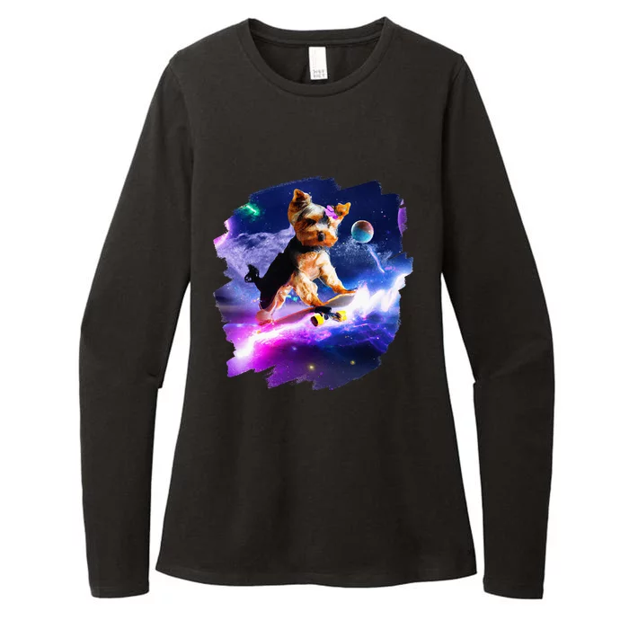 Yorkie Yorkshire Terrier Skateboarding Space Retro Skate Dog Womens CVC Long Sleeve Shirt