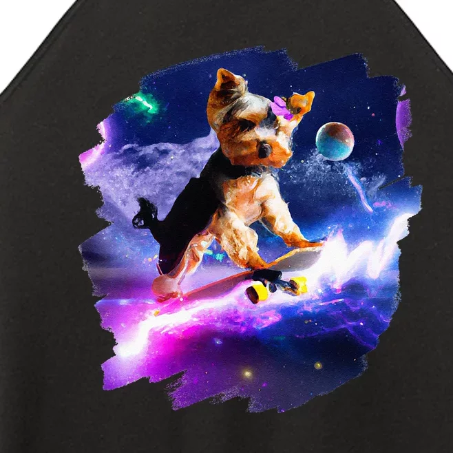 Yorkie Yorkshire Terrier Skateboarding Space Retro Skate Dog Women’s Perfect Tri Rocker Tank