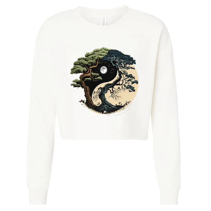 Yin Yang Tree Of Life On Buddhist Bonsai Tree Cropped Pullover Crew