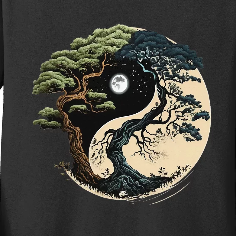 Yin Yang Tree Of Life On Buddhist Bonsai Tree Kids Long Sleeve Shirt