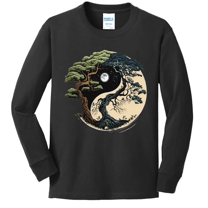 Yin Yang Tree Of Life On Buddhist Bonsai Tree Kids Long Sleeve Shirt