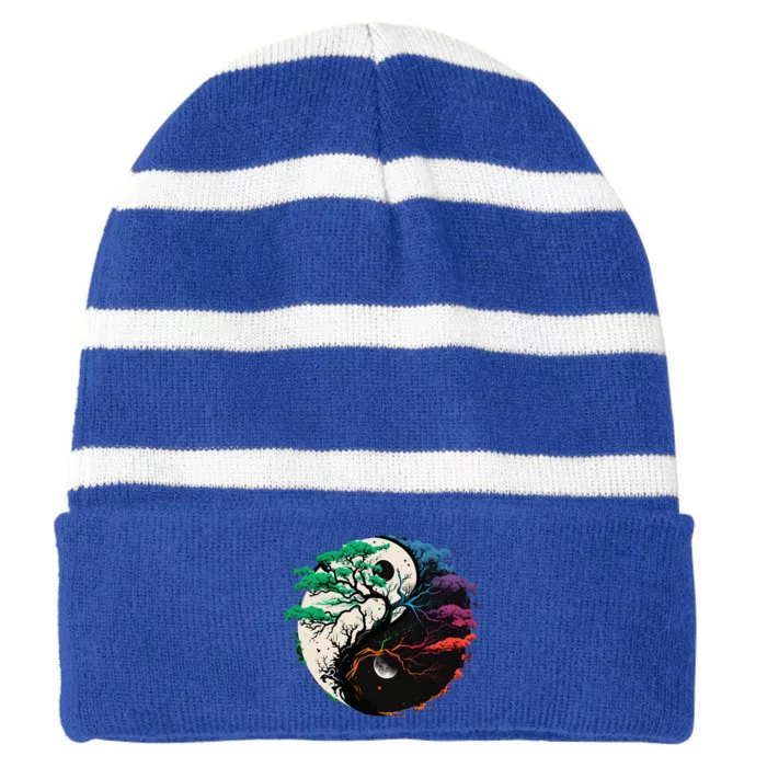 Yin Yang Tree Of Life Striped Beanie with Solid Band