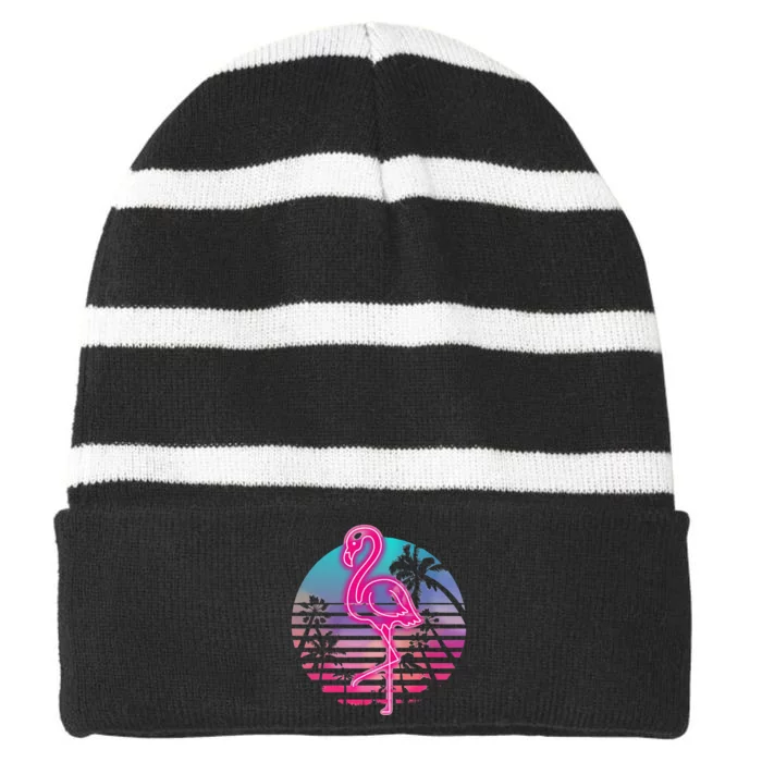 Zoo Animal Tropic Summer Sunrise Gift Flamingo Striped Beanie with Solid Band