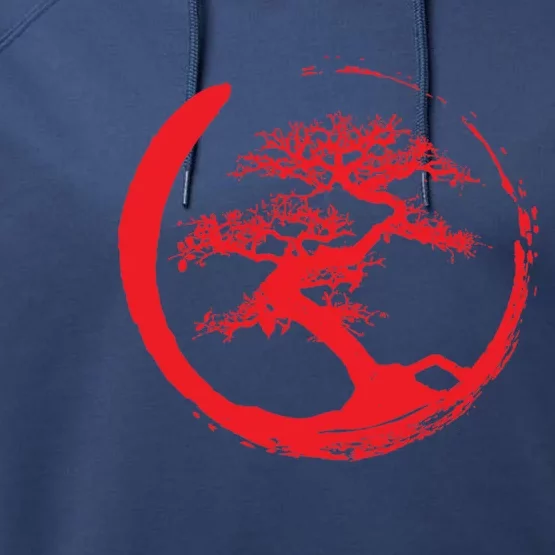 Zen Bonsai Tree In Enso Circle (Red) Performance Fleece Hoodie