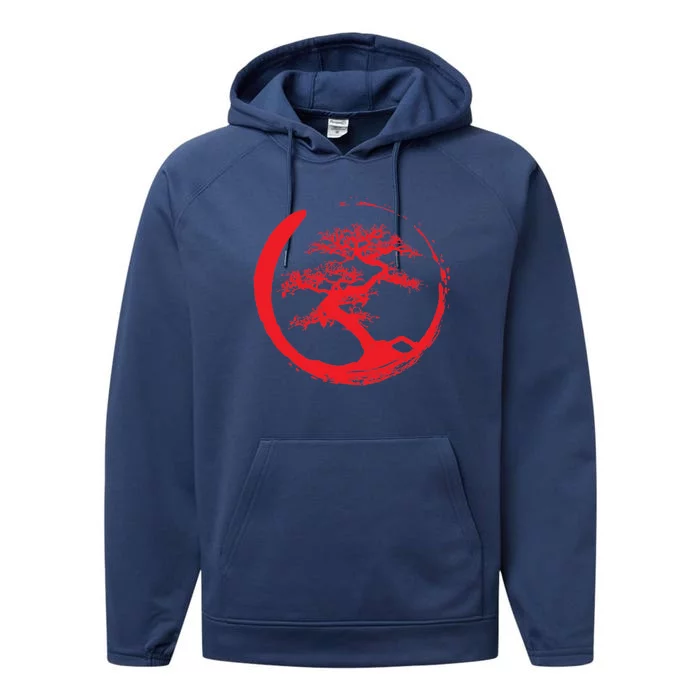 Zen Bonsai Tree In Enso Circle (Red) Performance Fleece Hoodie