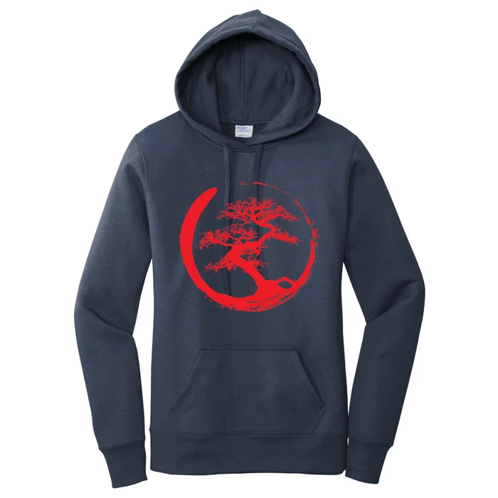 Zen Bonsai Tree In Enso Circle (Red) Women's Pullover Hoodie