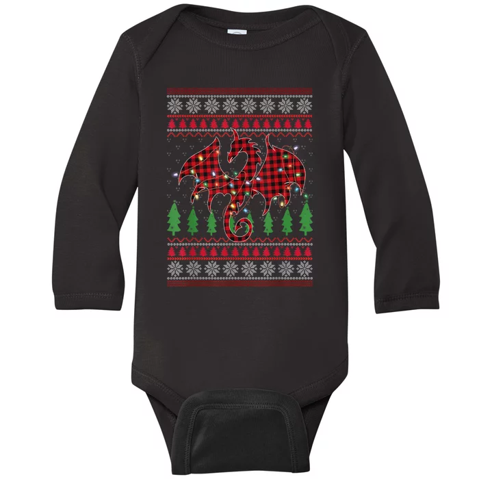 Zodiac Dragon Ugly Sweater Christmas Lights Dragon Lover Baby Long Sleeve Bodysuit