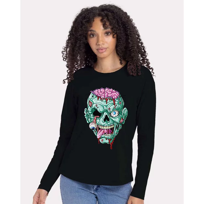 Zombie Face Brain Halloween Scary Funny Womens Cotton Relaxed Long Sleeve T-Shirt