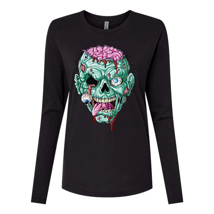 Zombie Face Brain Halloween Scary Funny Womens Cotton Relaxed Long Sleeve T-Shirt