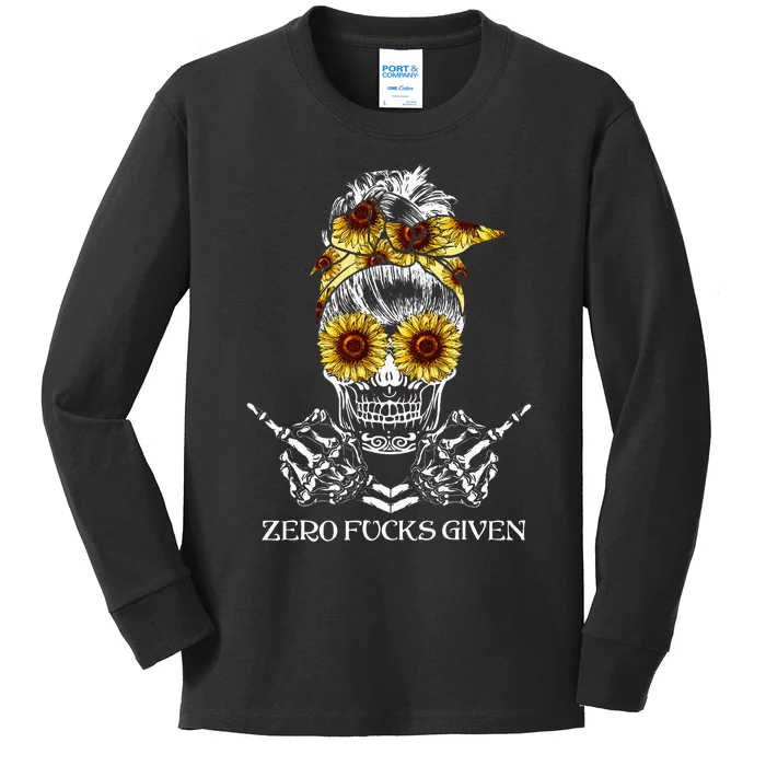 Zero Fucks Given Skull Sunflower Messy Bun Kids Long Sleeve Shirt