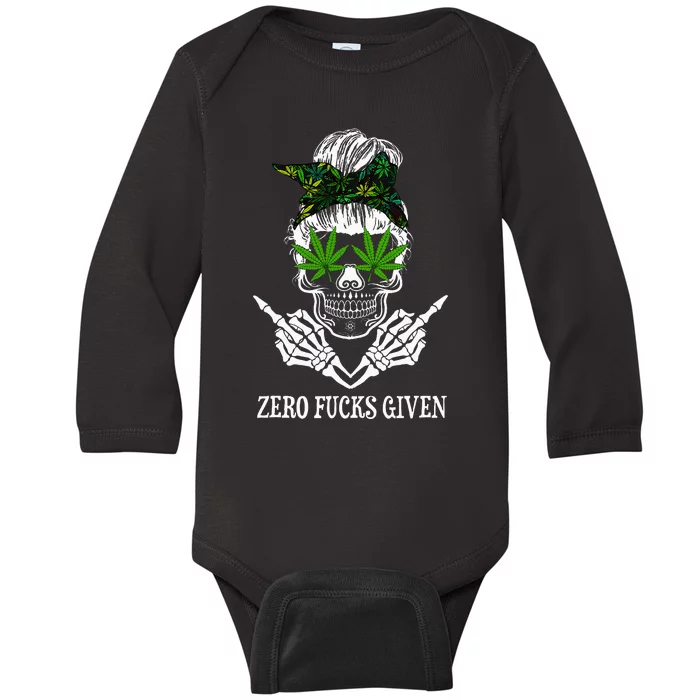 Zero Fucks Given Skull Weed Marijuana 420 Baby Long Sleeve Bodysuit