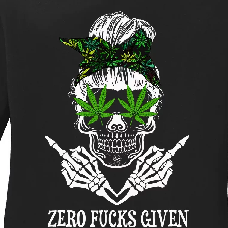 Zero Fucks Given Skull Weed Marijuana 420 Ladies Long Sleeve Shirt