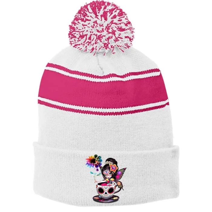 Zero Fucks Given Sugar Skull Rainbow Sunflower Stripe Pom Pom Beanie