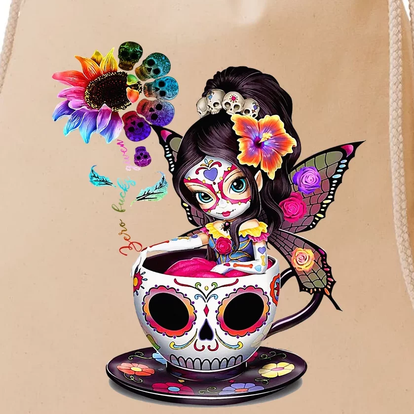 Zero Fucks Given Sugar Skull Rainbow Sunflower Drawstring Bag