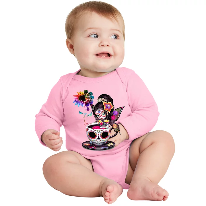 Zero Fucks Given Sugar Skull Rainbow Sunflower Baby Long Sleeve Bodysuit