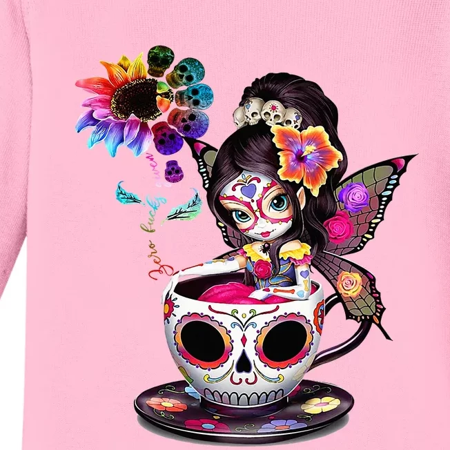 Zero Fucks Given Sugar Skull Rainbow Sunflower Baby Long Sleeve Bodysuit