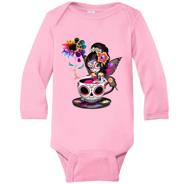 Zero Fucks Given Sugar Skull Rainbow Sunflower Baby Long Sleeve Bodysuit