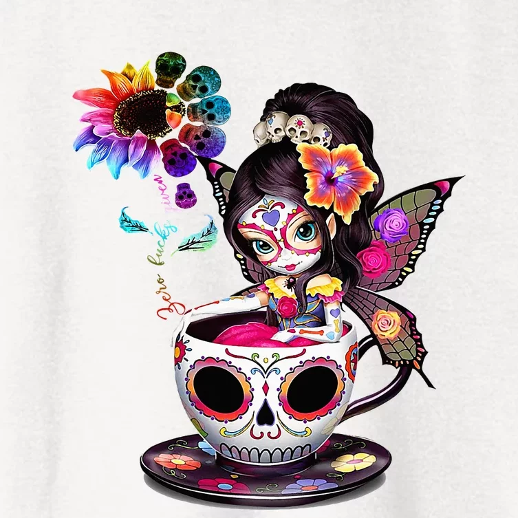 Zero Fucks Given Sugar Skull Rainbow Sunflower Women's Crop Top Tee