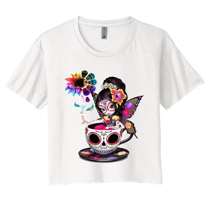 Zero Fucks Given Sugar Skull Rainbow Sunflower Women's Crop Top Tee