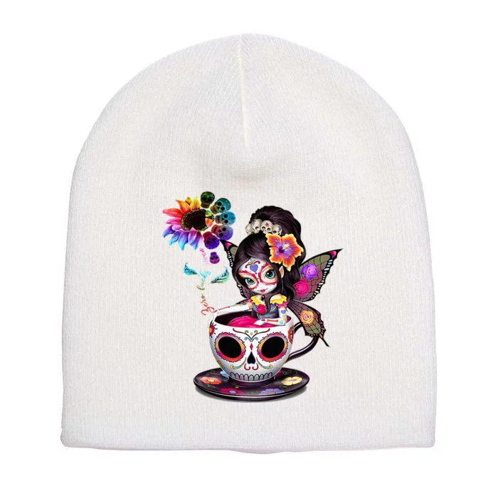 Zero Fucks Given Sugar Skull Rainbow Sunflower Short Acrylic Beanie