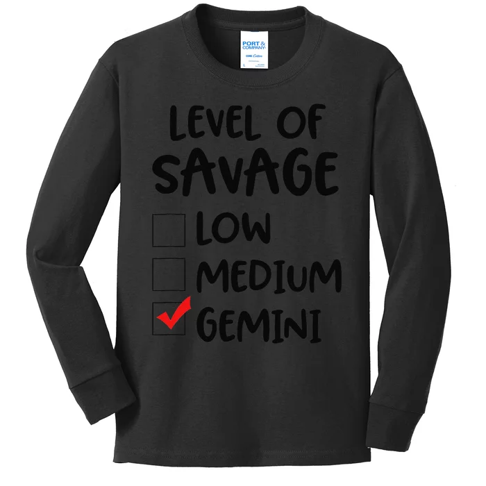 Zodiac Horoscope Gemini Level of Savage Pun Funny Gift Kids Long Sleeve Shirt