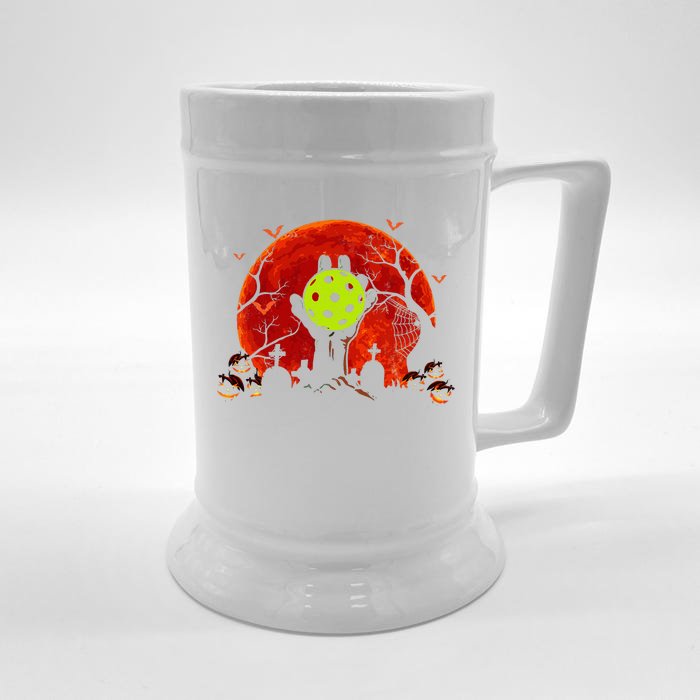 Zombie Hand Holding Pickleball Ball Zombie Halloween Front & Back Beer Stein